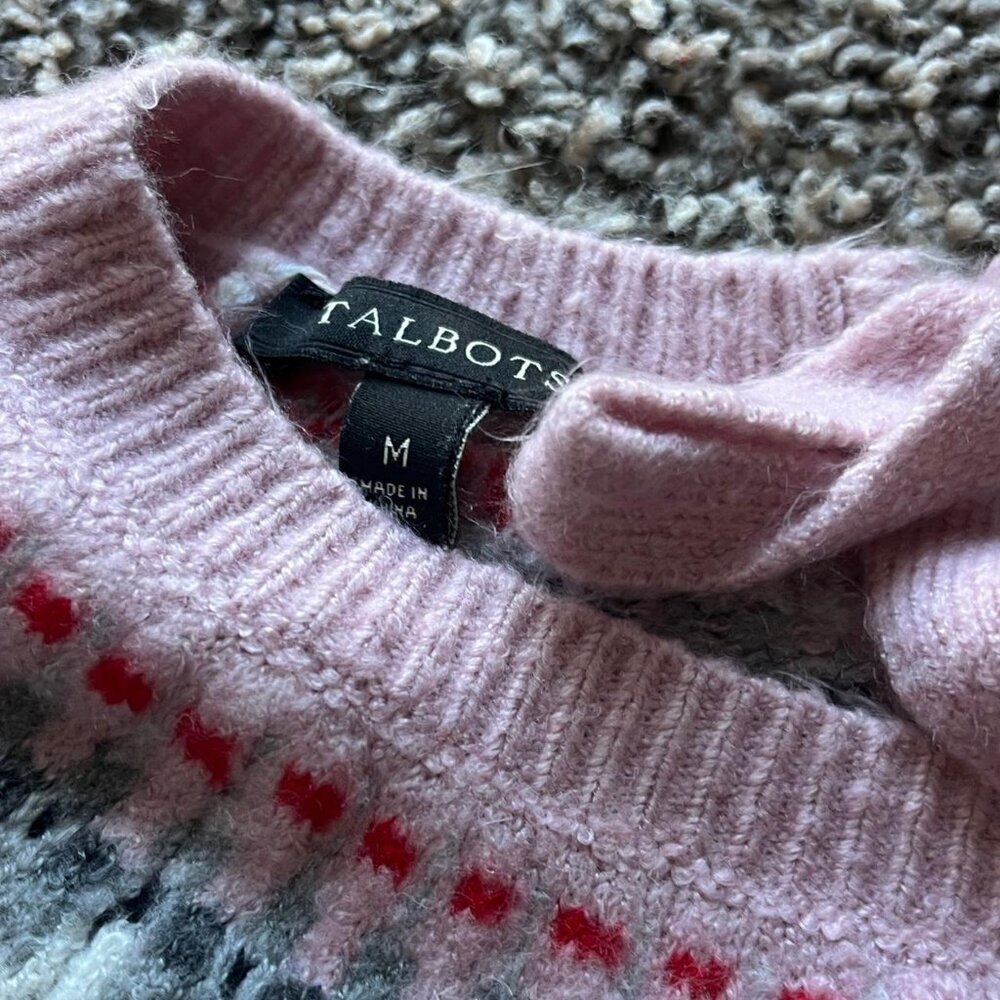 Talbots Bow Neck Sweater Womens M Fair Isle Pink White Whimsical Cottagecore - Picture 3 of 7
